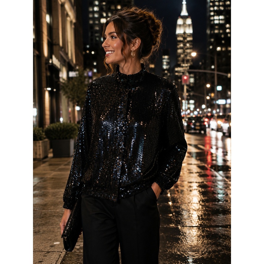 Vintage Sténay Black Silk Sequin Jacket Large 100% Silk Evening Party Cocktail